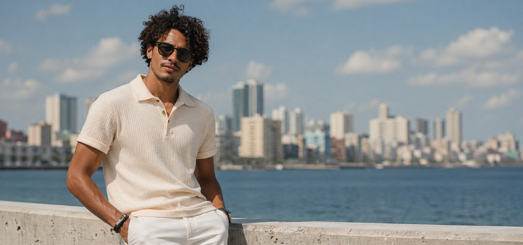 Man wearing a waffle knit polo shirt by the water