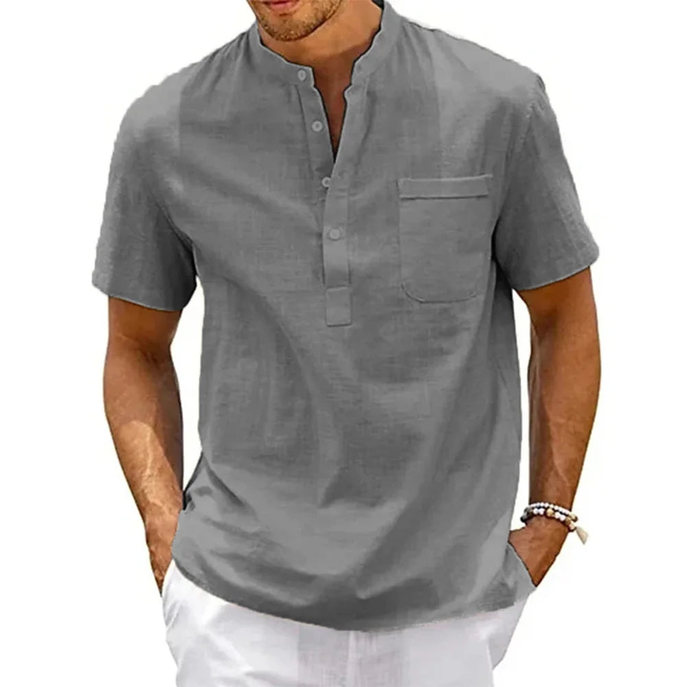 Men's Henley Neck Cotton/Linen Pocket Shirt