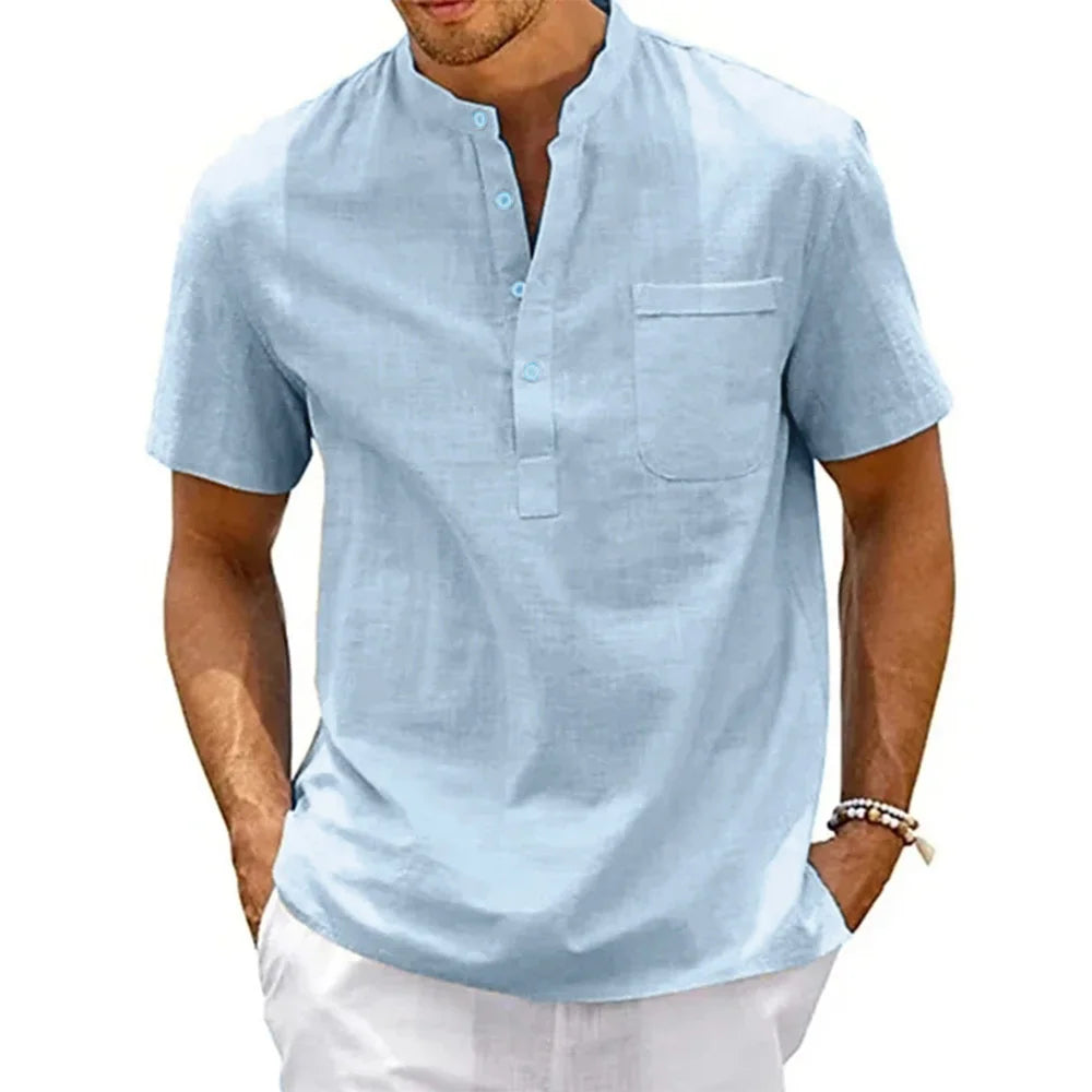 Men's Henley Neck Cotton/Linen Pocket Shirt
