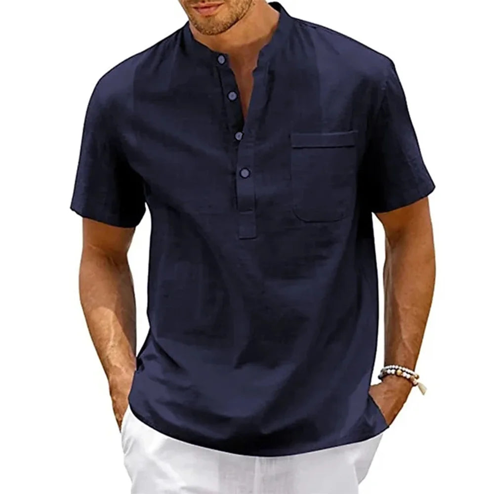 Men's Henley Neck Cotton/Linen Pocket Shirt