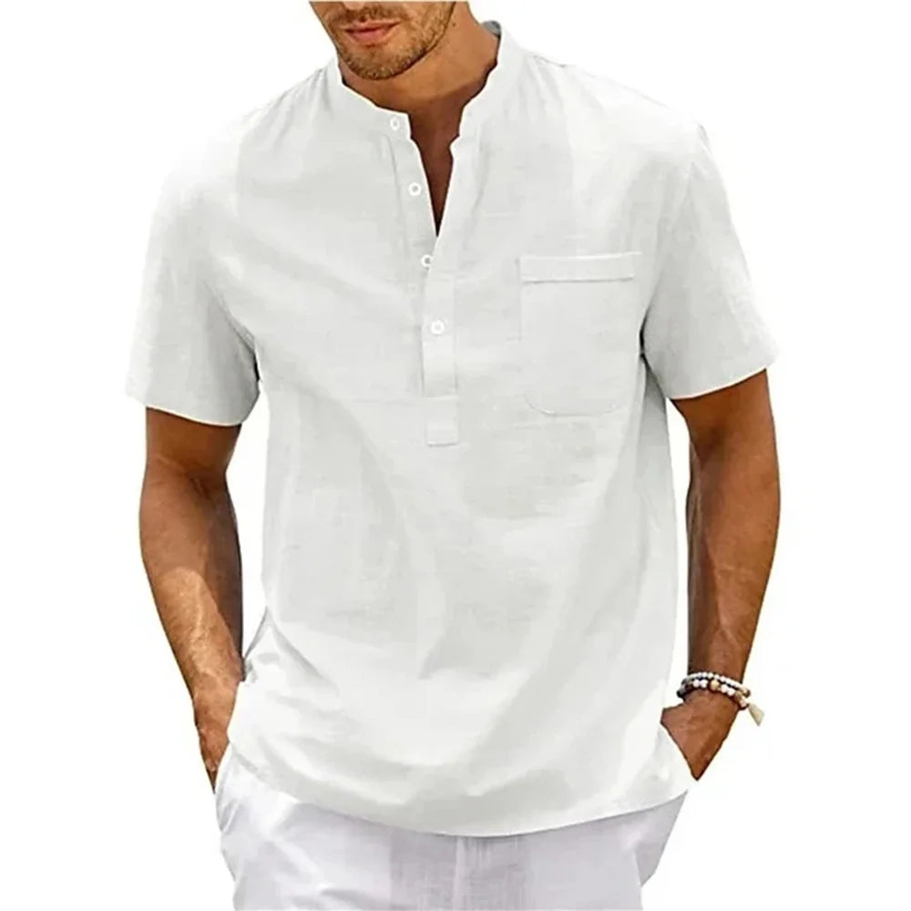 Men's Henley Neck Cotton/Linen Pocket Shirt