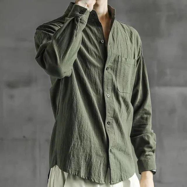 White Long Sleeve Cotten/Linen Collar Shirt