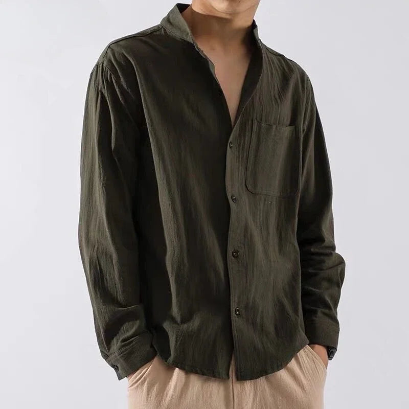 White Long Sleeve Cotten/Linen Collar Shirt