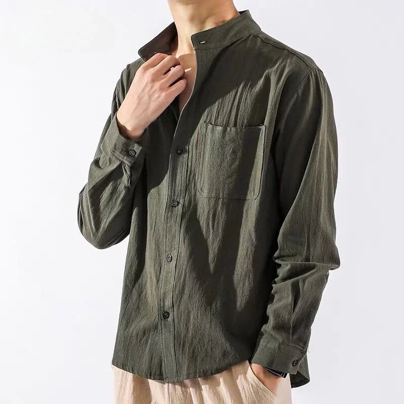 White Long Sleeve Cotten/Linen Collar Shirt