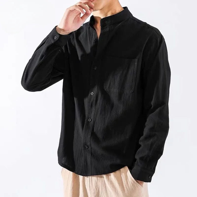 White Long Sleeve Cotten/Linen Collar Shirt