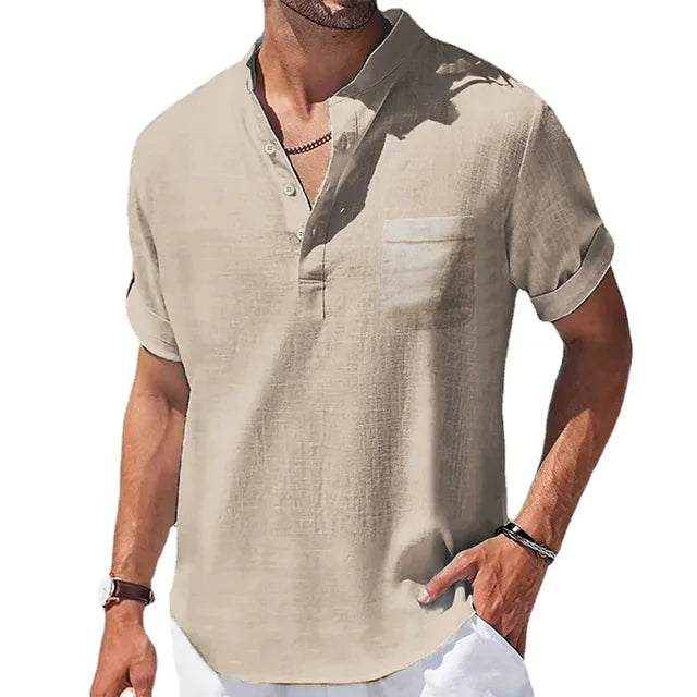 Men's Cotton and Linen Short-Sleeved Collar Shirt