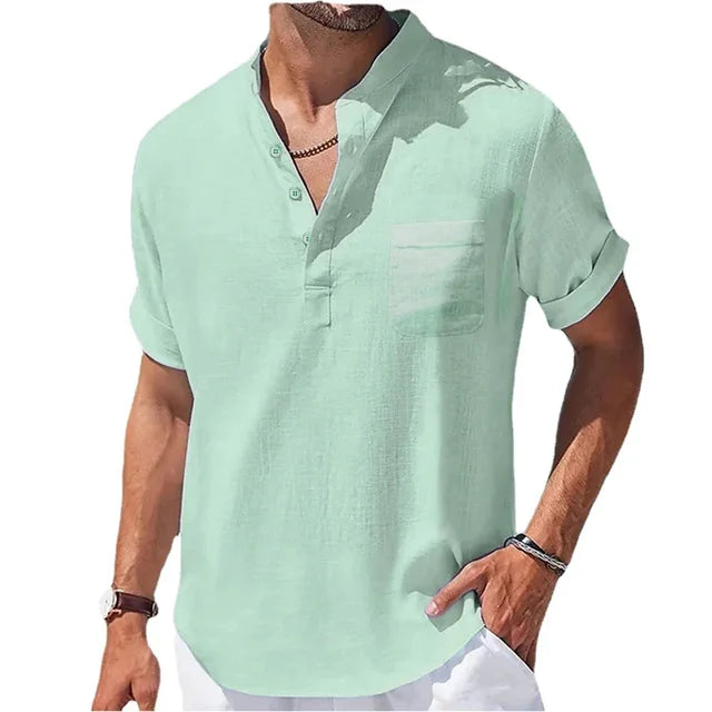 Men's Cotton and Linen Short-Sleeved Collar Shirt
