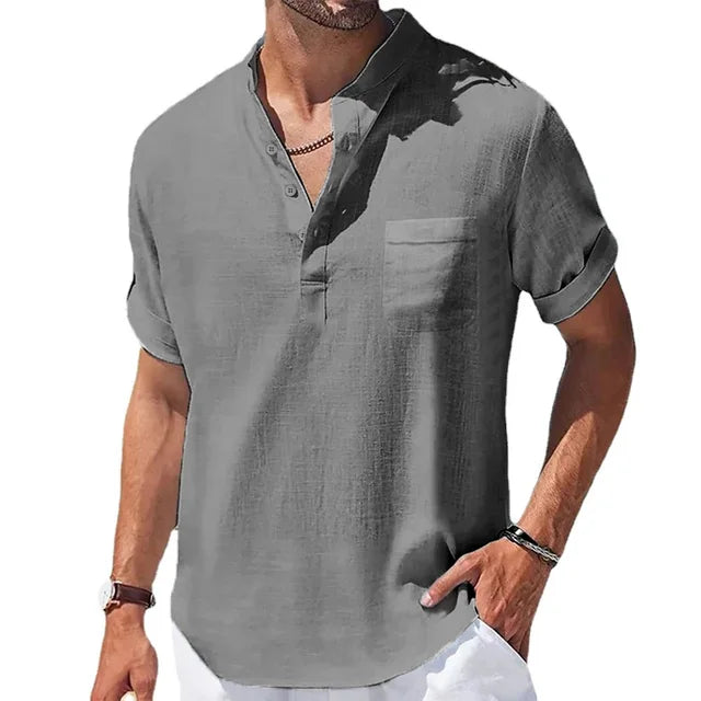 Men's Cotton and Linen Short-Sleeved Collar Shirt