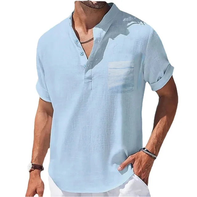 Men's Cotton and Linen Short-Sleeved Collar Shirt