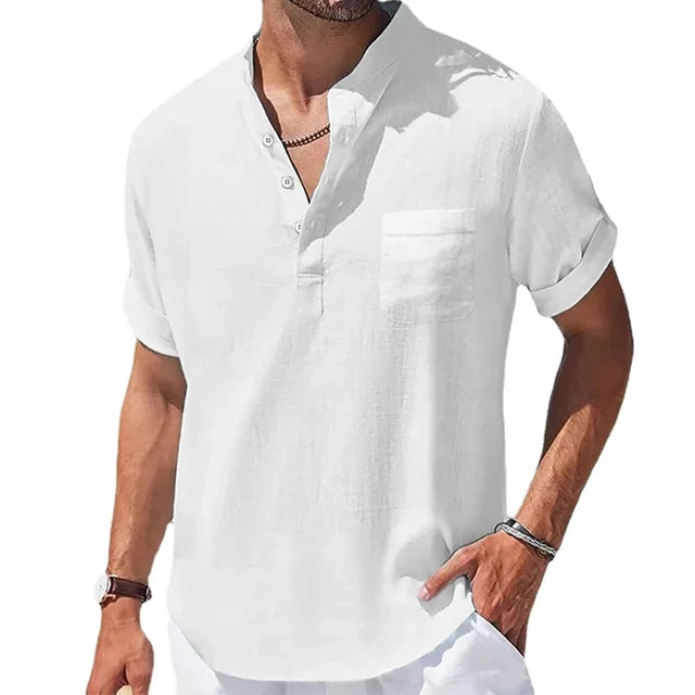 Men's Cotton and Linen Short-Sleeved Collar Shirt