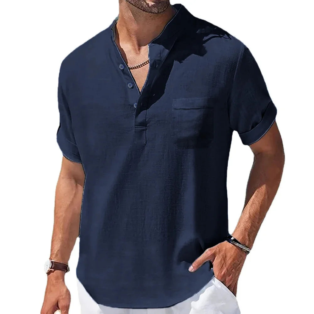 Men's Cotton and Linen Short-Sleeved Collar Shirt