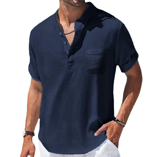 Men's Cotton and Linen Short-Sleeved Collar Shirt