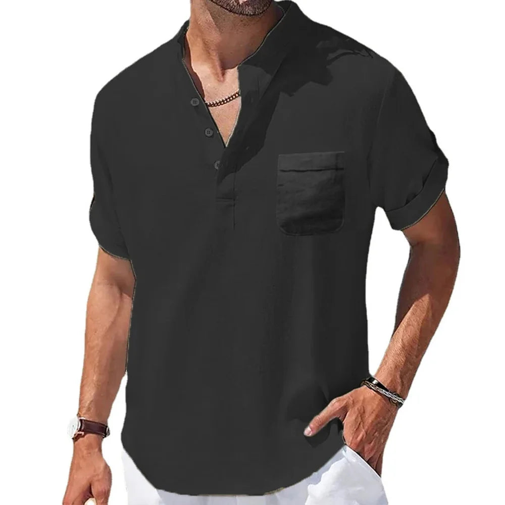 Men's Cotton and Linen Short-Sleeved Collar Shirt