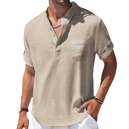 Men's Cotton and Linen Short-Sleeved Collar Shirt