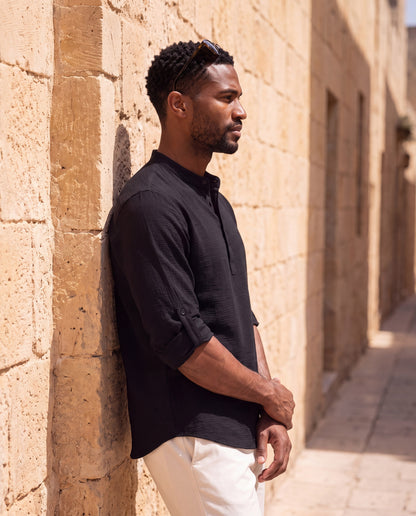 Lorenzo Cotton Linen Shirt in black – side view