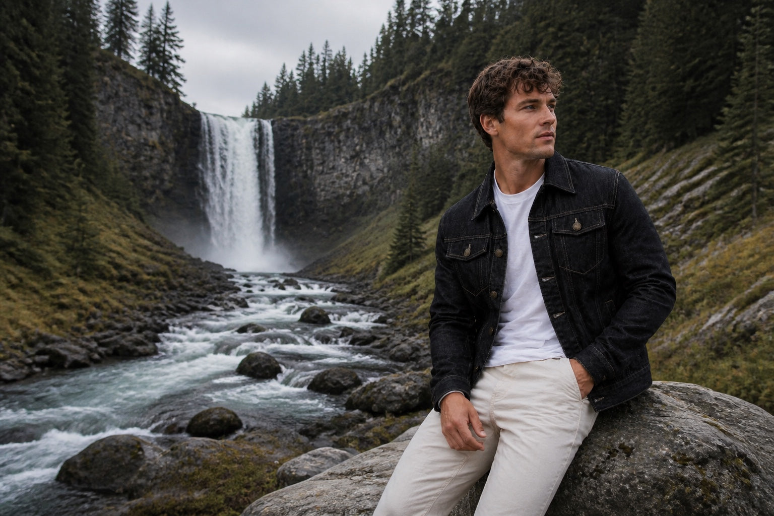 Man in denim jacket by a waterfall